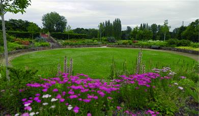 A green circular garden space with pink flowers