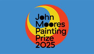 A blue background with a red and yellow icon with black text that says 'John Moores Painting Prize 2025'