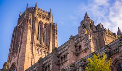 Worms eye view of Liverpool Cathedral on a sunny day.