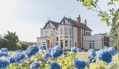 Mere Brook House exterior with bright blue flowers.