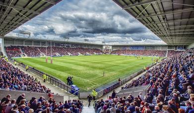 A shot of the Totally Wicket Stadium, full on a matchday.