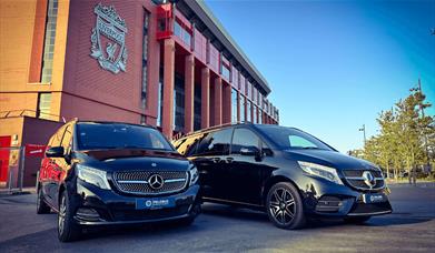 Pelorus Chauffeurs fleet of cars outside Liverpool Football Stadium.