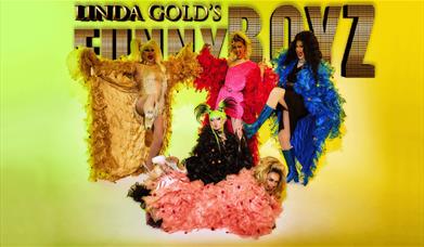 A promotional image for FunnyBoyz Liverpool with five Drag Queens posing for the camera.