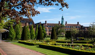A beautiful green campus with preened bushes and a bright blue sky in the background.